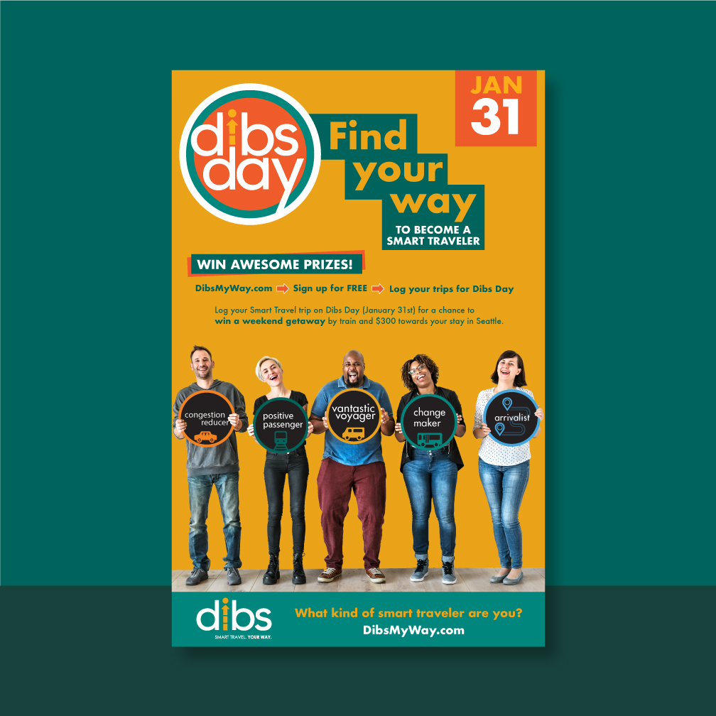 Dibs postcard with various people holding a sign